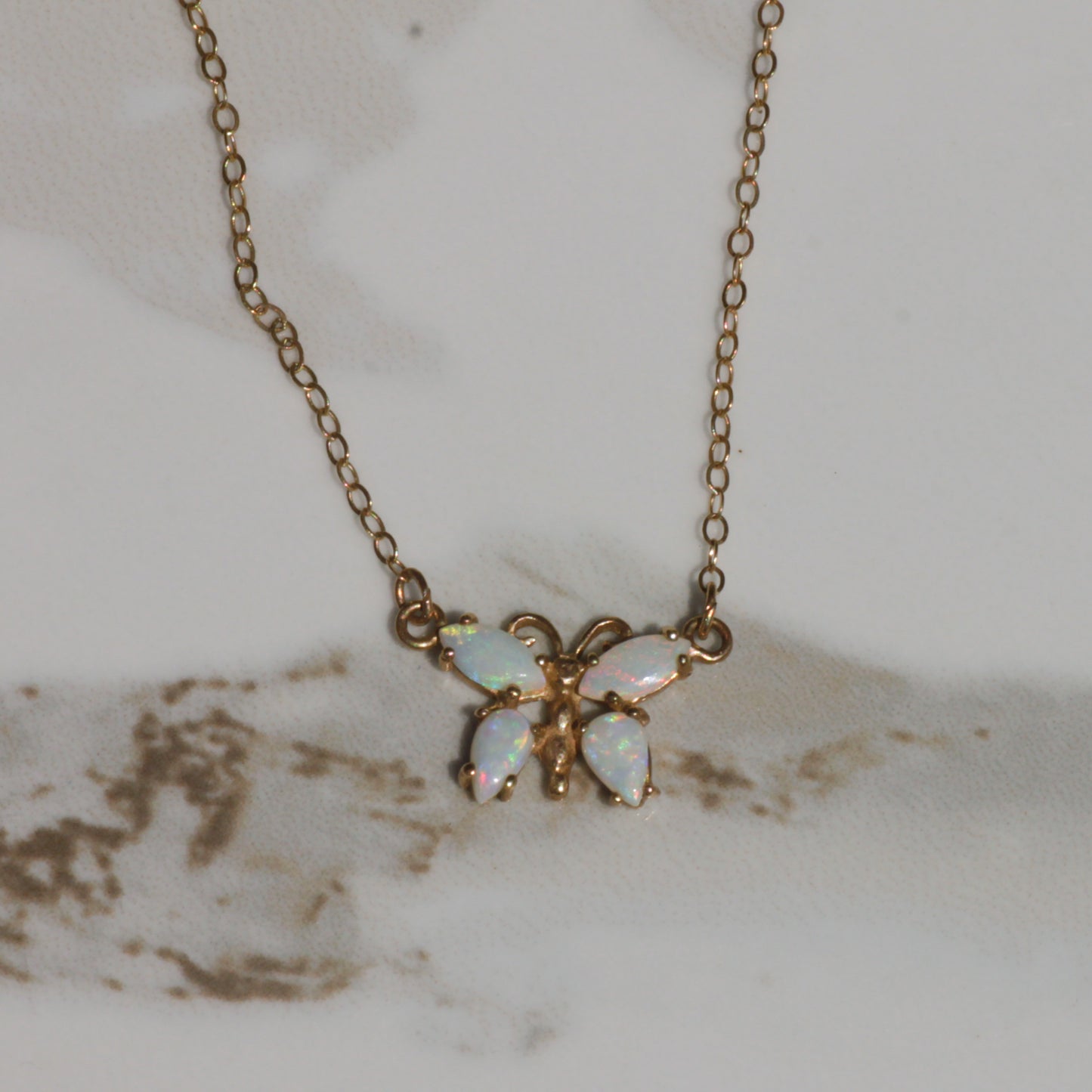 Vintage Opal Butterfly Pendant Necklace 14k Gold