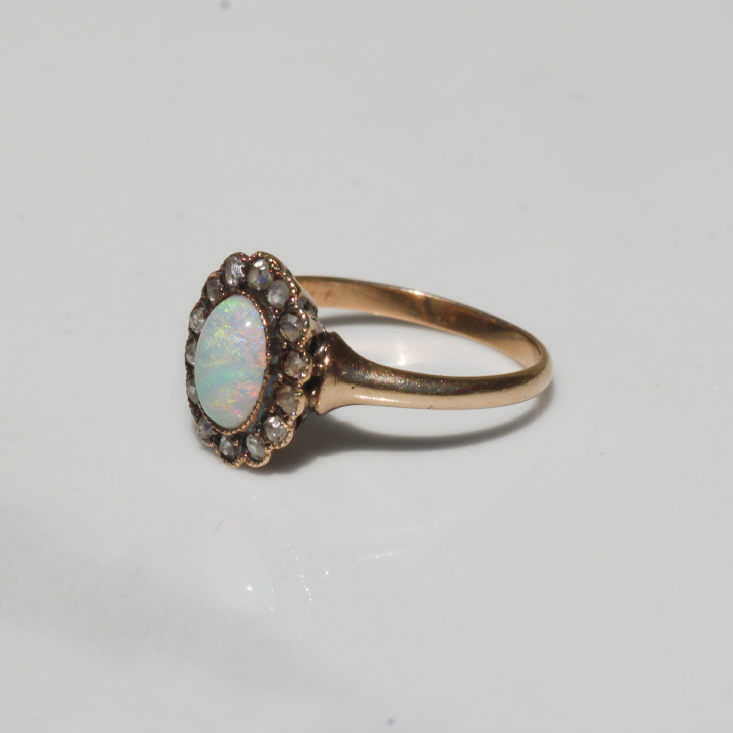 Antique Opal + Rosecut Diamond Halo Ring 14k Gold Sz 6 1/2