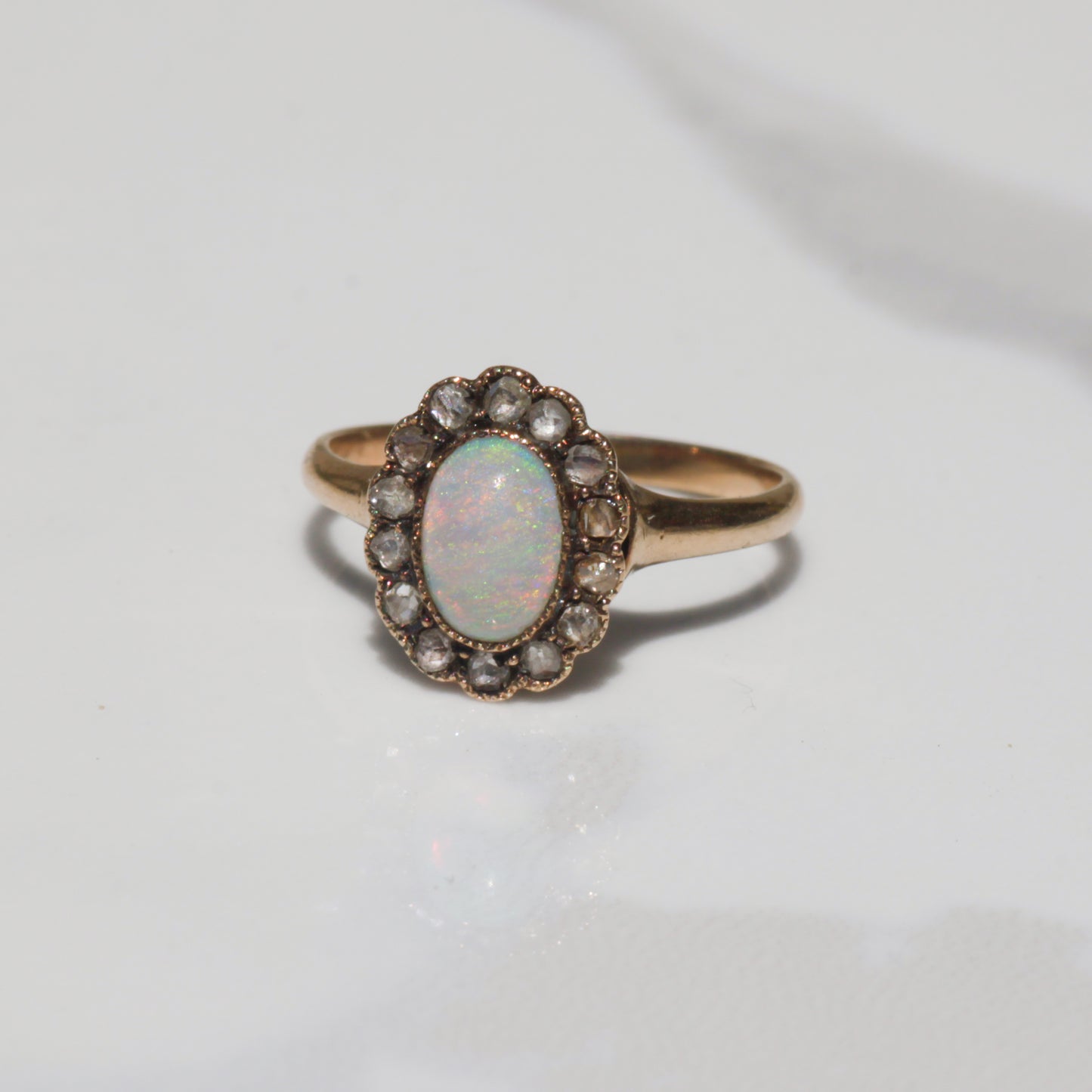 Antique Opal + Rosecut Diamond Halo Ring 14k Gold Sz 6 1/2