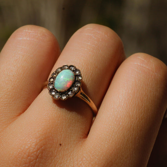 Antique Opal + Rosecut Diamond Halo Ring 14k Gold Sz 6 1/2