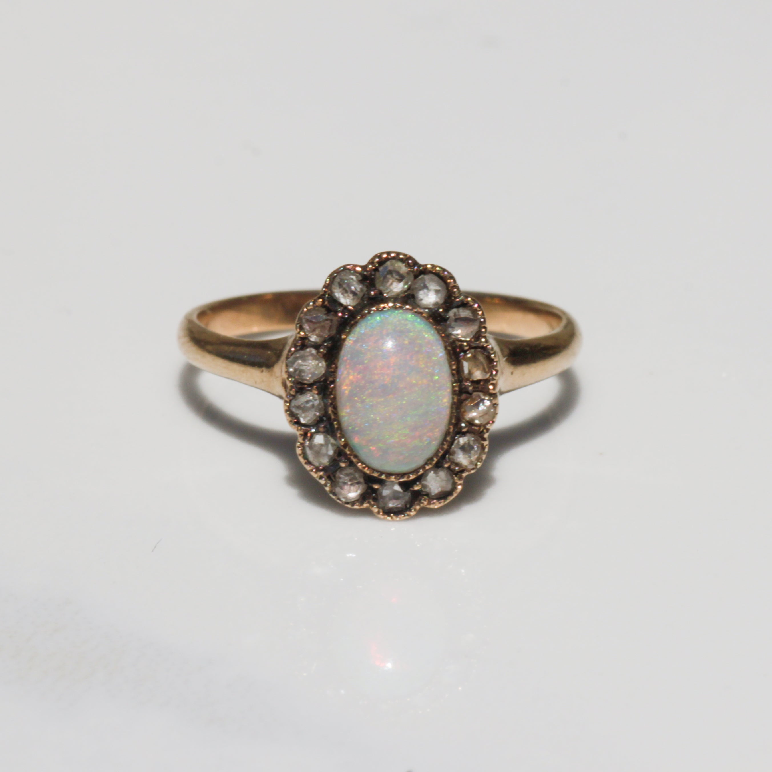 Antique Opal + Rosecut Diamond Halo Ring