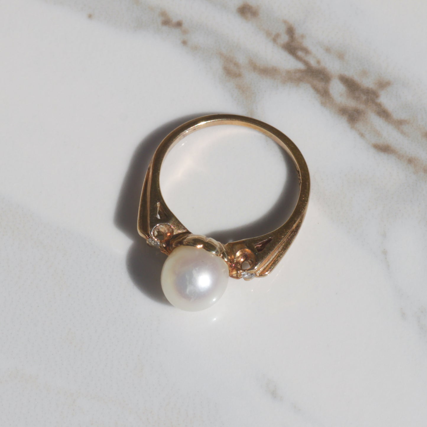 Vintage Pearl and Diamond Ring 14k Gold Sz 4 1/2