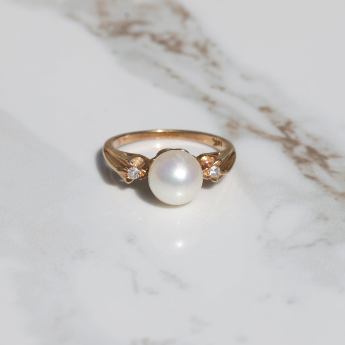 Vintage Pearl and Diamond Ring 14k Gold Sz 4 1/2