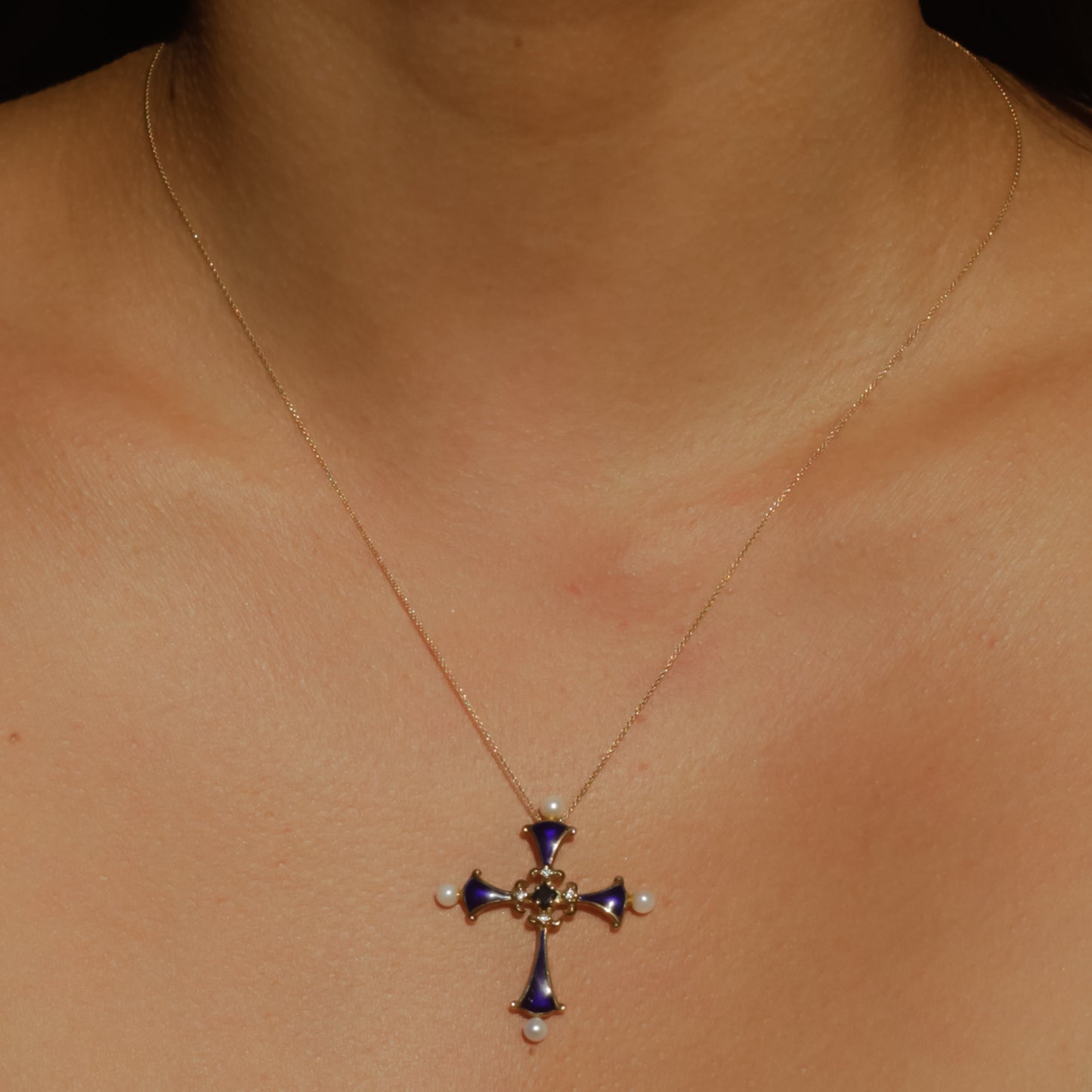 Vintage Pearl, Diamond + Sapphire Enamel Cross Pendant 14k