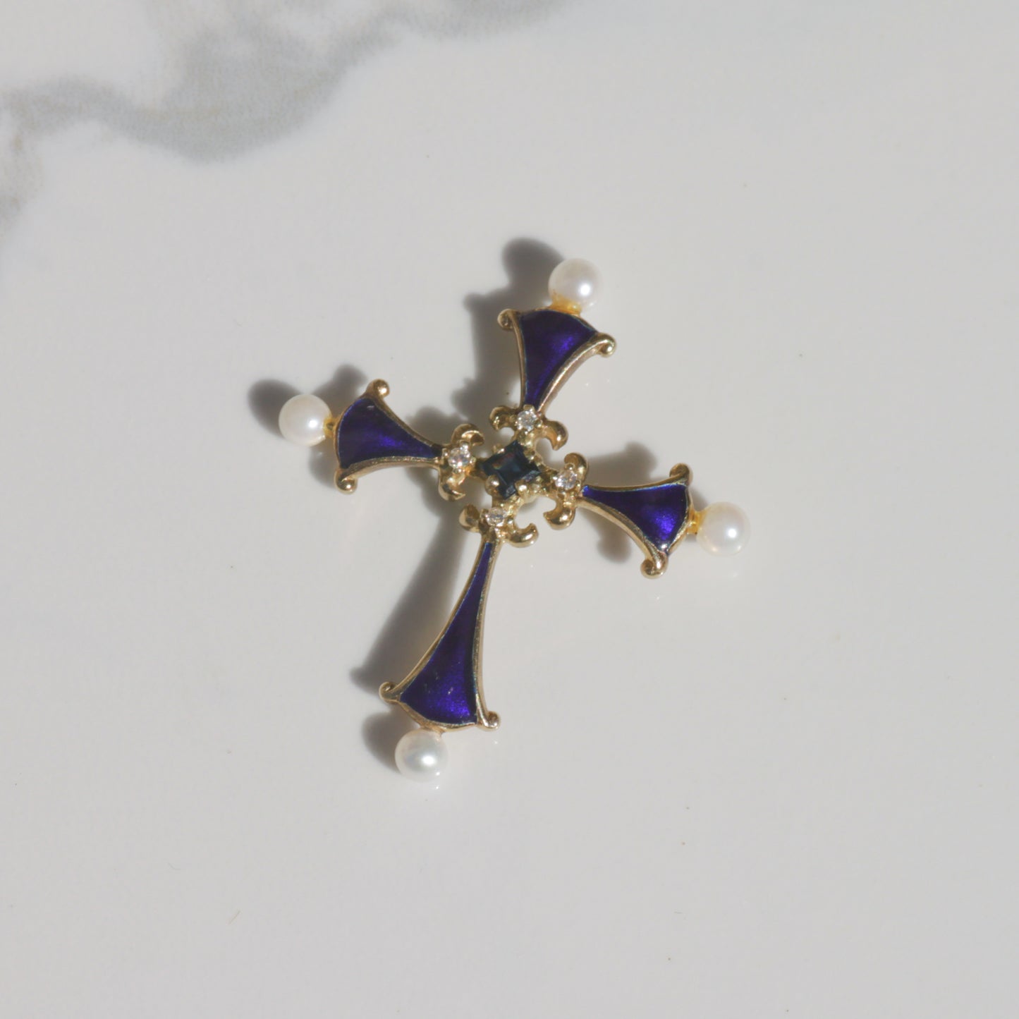 Vintage Pearl, Diamond + Sapphire Enamel Cross Pendant 14k