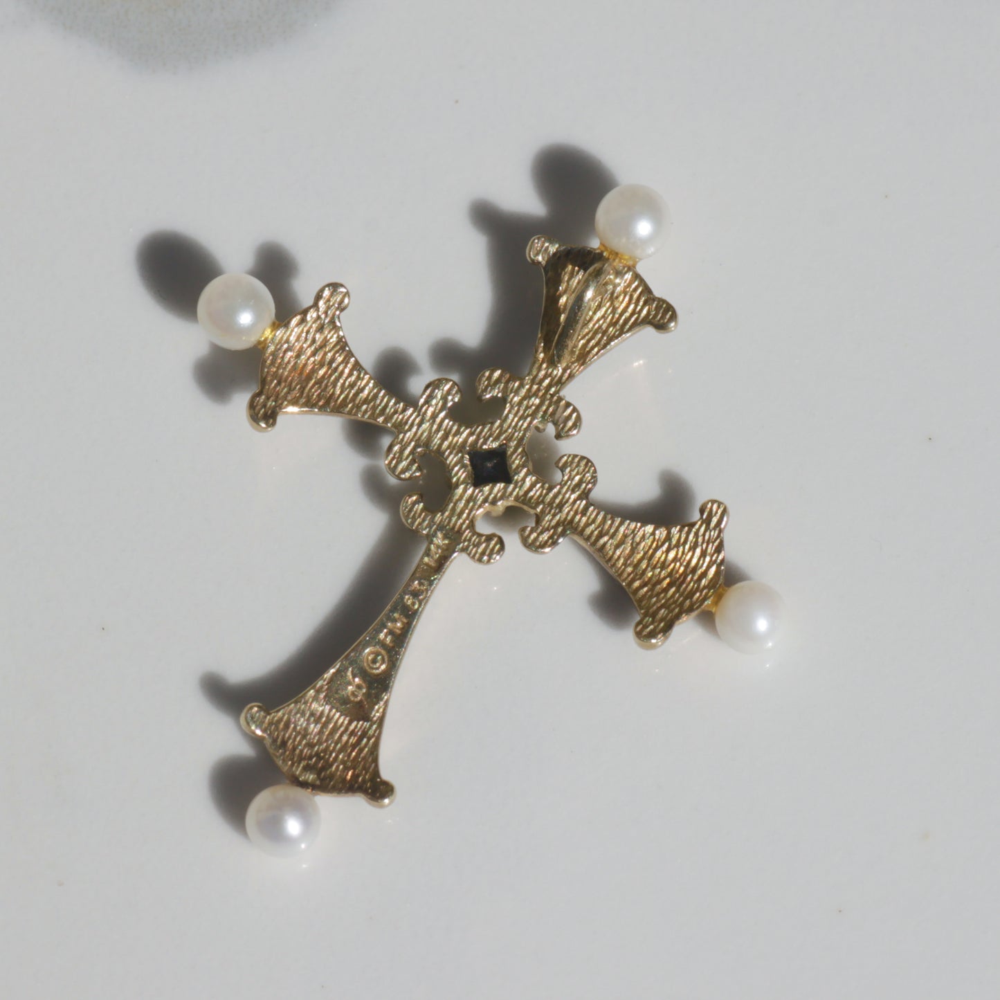 Vintage Pearl, Diamond + Sapphire Enamel Cross Pendant 14k