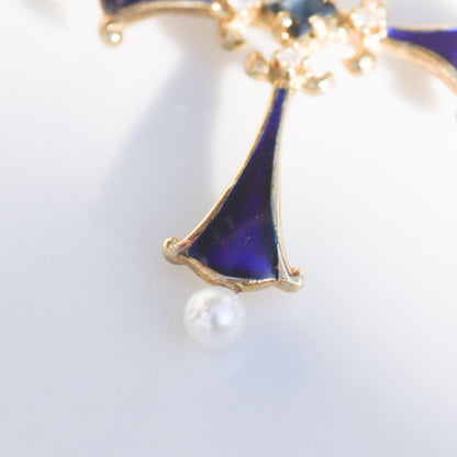 Vintage Pearl, Diamond + Sapphire Enamel Cross Pendant 14k