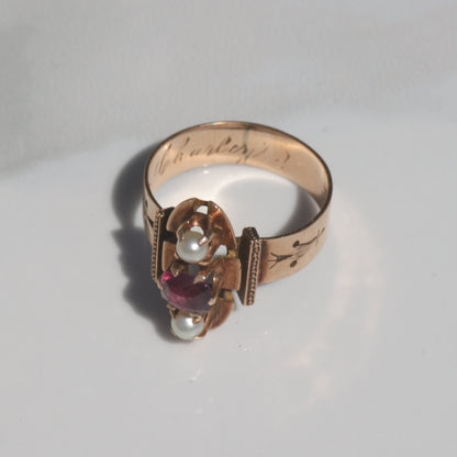 Antique Victorian Garnet and Pearl Ring 10k Gold Sz 6 1/2