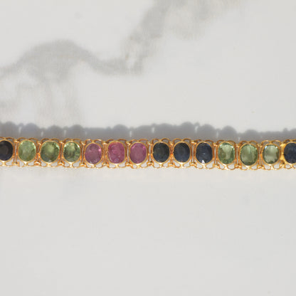 Vintage Blue/Green Sapphire + Ruby Line Bracelet 18k with 14k clasp