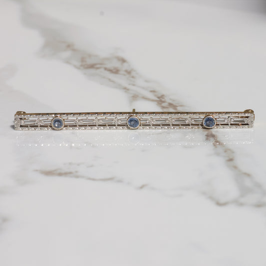 Antique Edwardian Sapphire Bar Brooch Platinum + 14k Gold