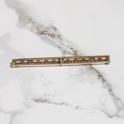 Antique Edwardian Sapphire Bar Brooch Platinum + 14k Gold