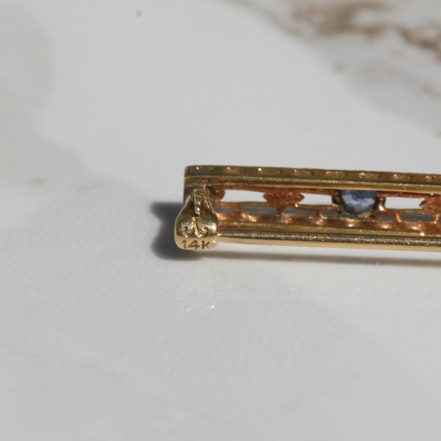 Antique Edwardian Sapphire Bar Brooch Platinum + 14k Gold