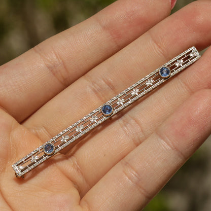 Antique Edwardian Sapphire Bar Brooch Platinum + 14k Gold