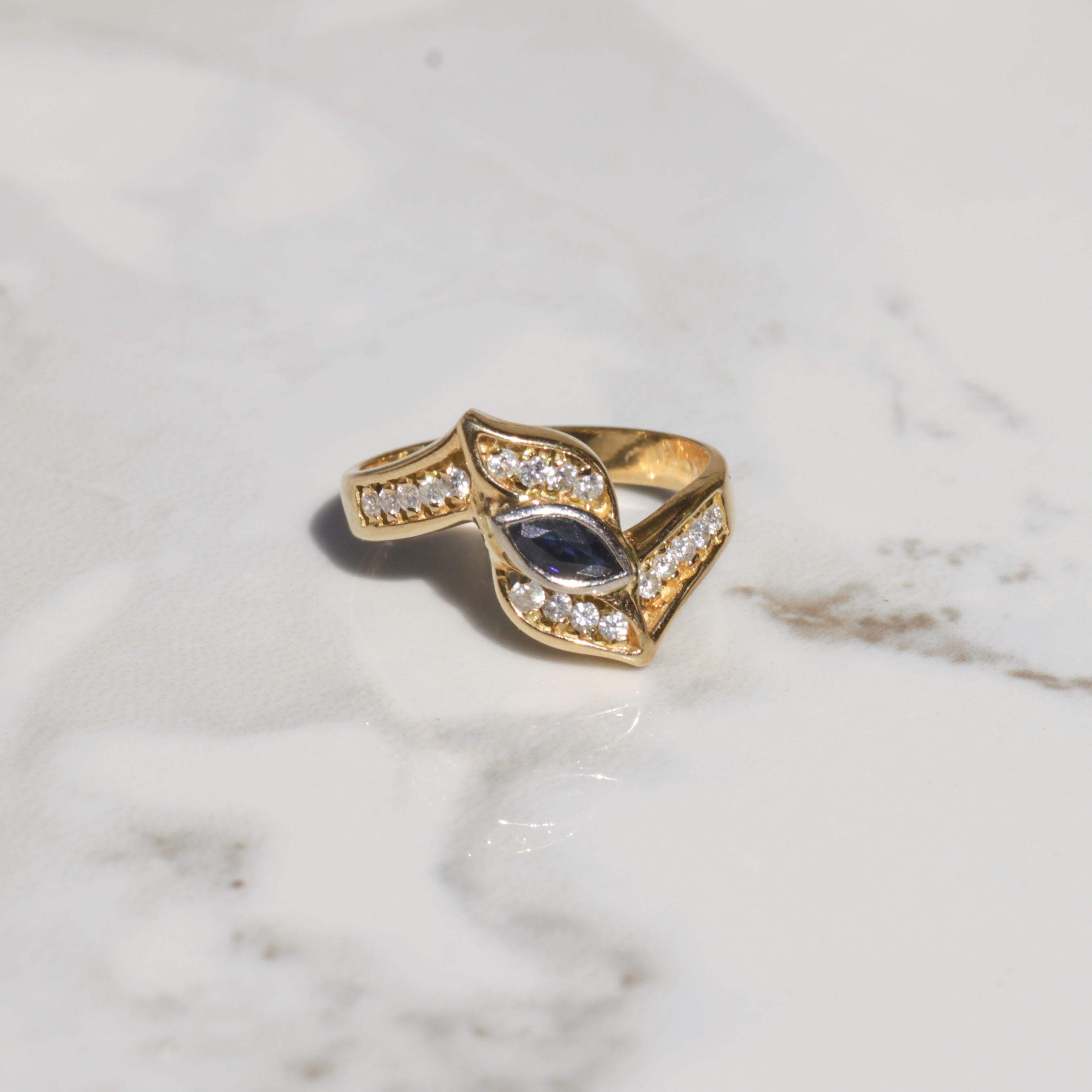 Vintage Marquise Sapphire and Diamond Ring 18k Gold Sz 6 3/4