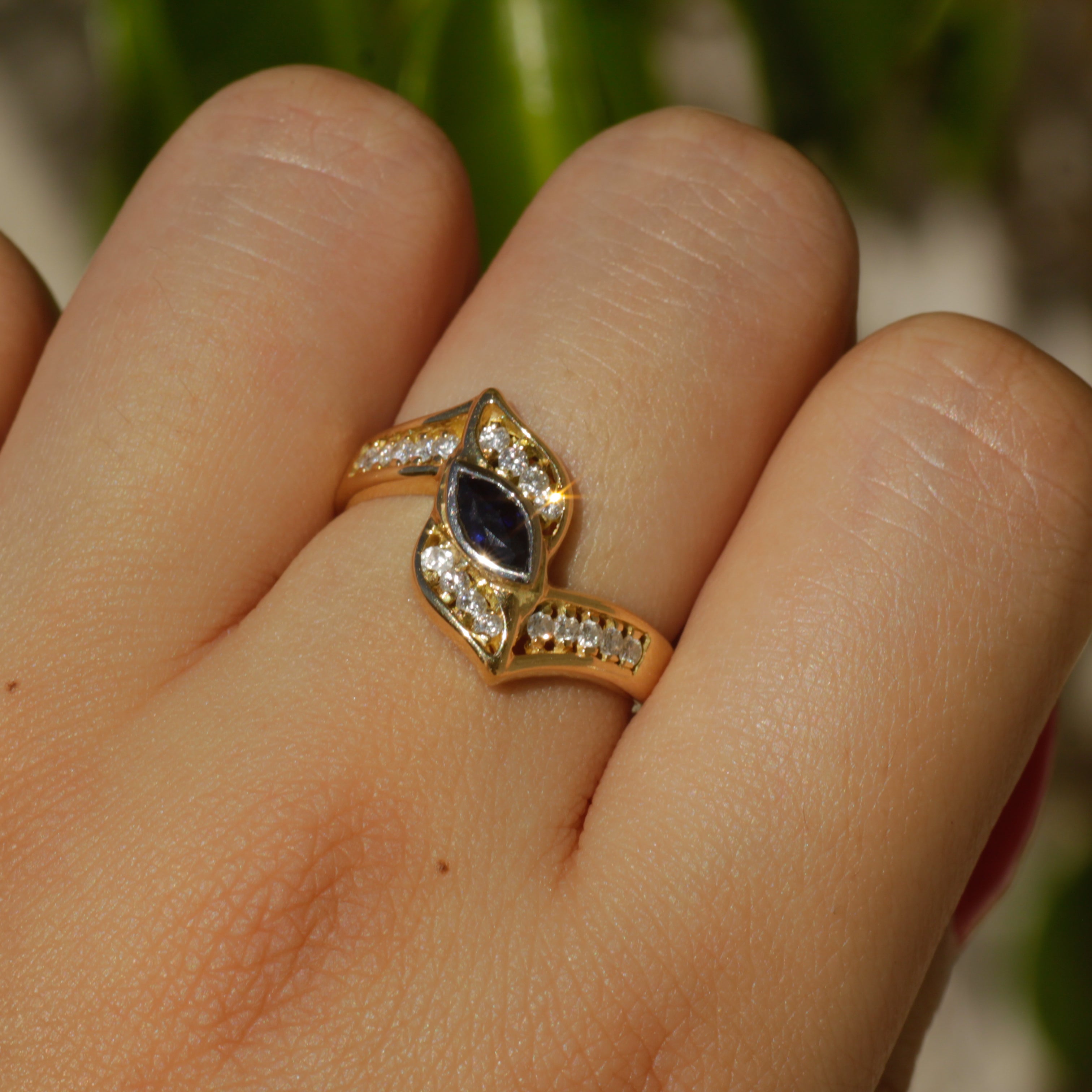 Vintage Marquise Sapphire and Diamond Ring 18k Gold Sz 6 3/4