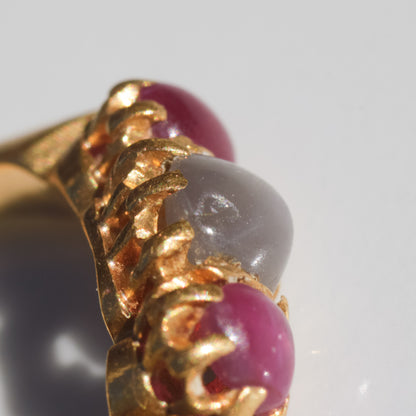 Vintage Ruby + Star Sapphire Cabochon Ring 18k Gold Size 5