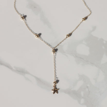 Handmade Station Bead + Puffy Star Lariat Necklace 14k