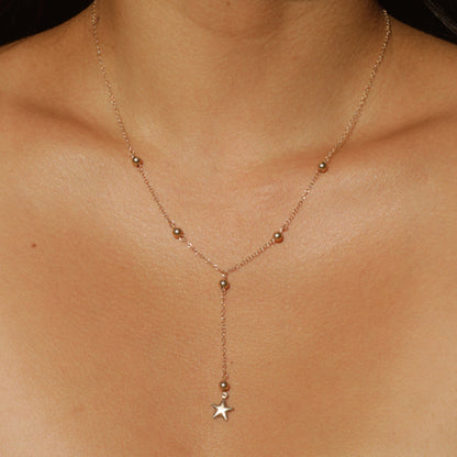 Handmade Station Bead + Puffy Star Lariat Necklace 14k