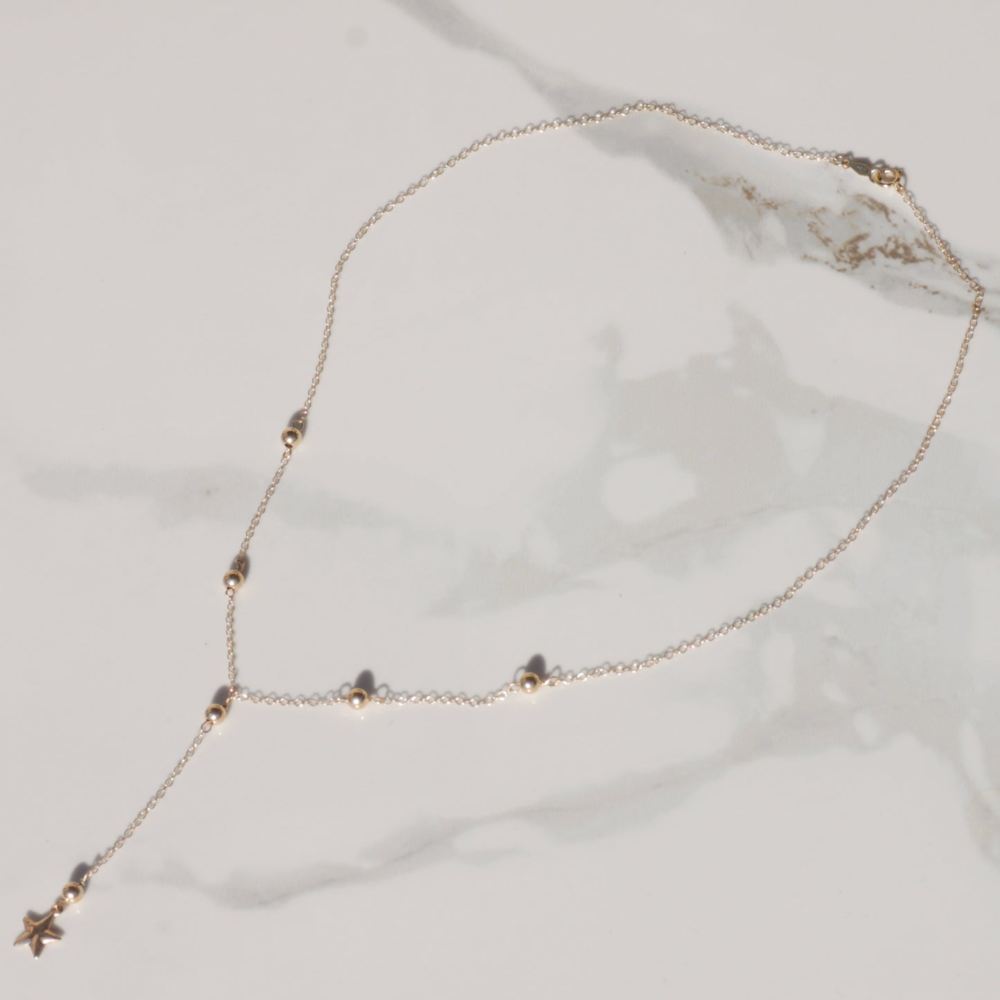 Handmade Station Bead + Puffy Star Lariat Necklace 14k