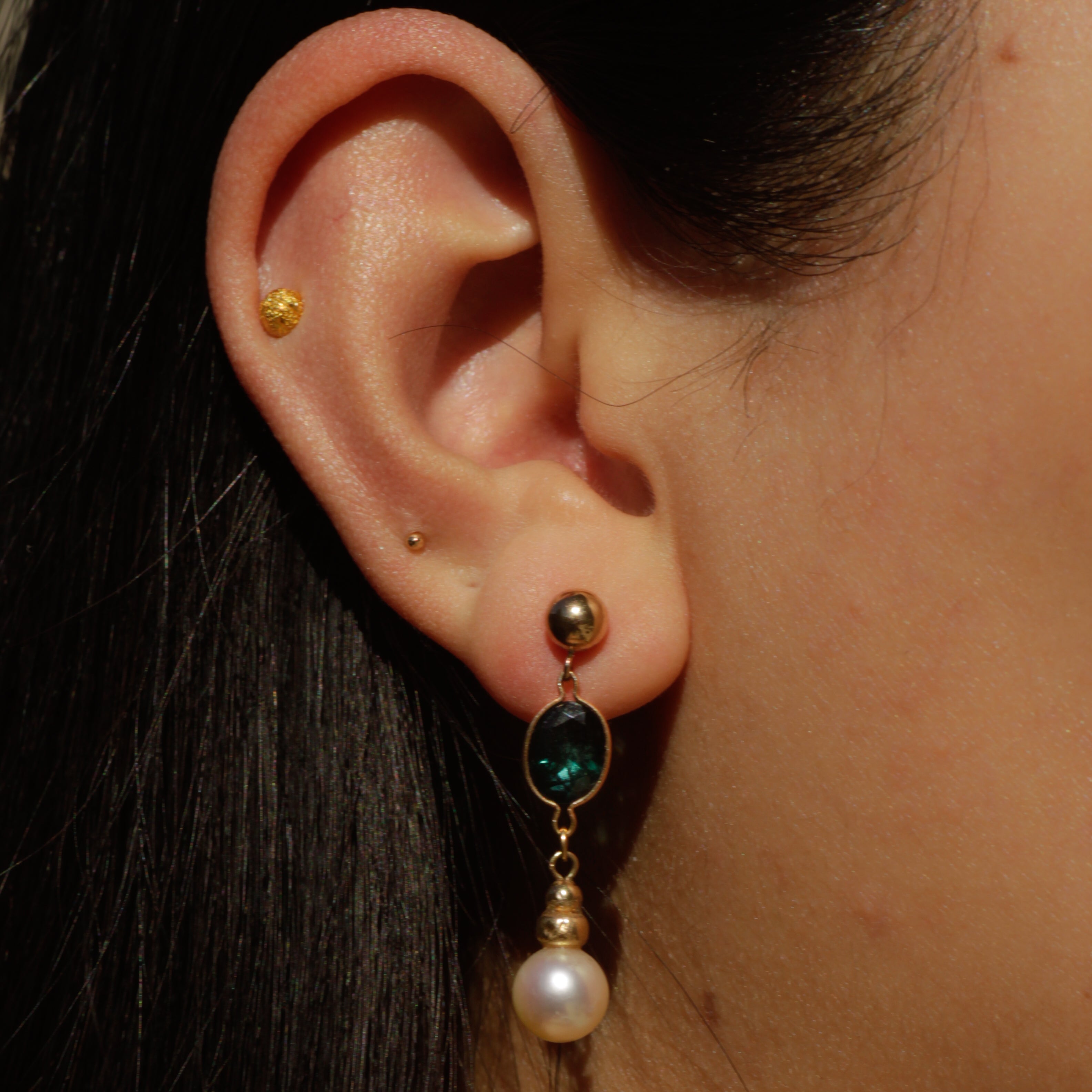 Vintage Teal Tourmaline + Pearl Drop Earrings 14k Gold