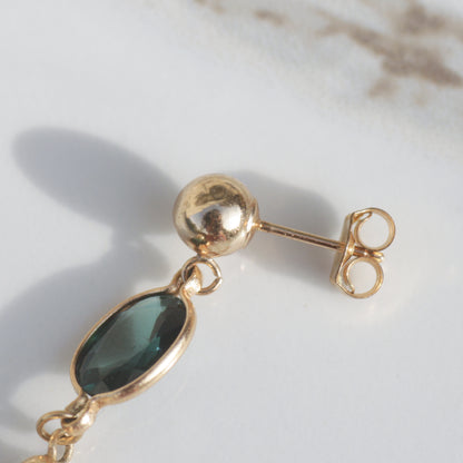 Vintage Teal Tourmaline + Pearl Drop Earrings 14k Gold