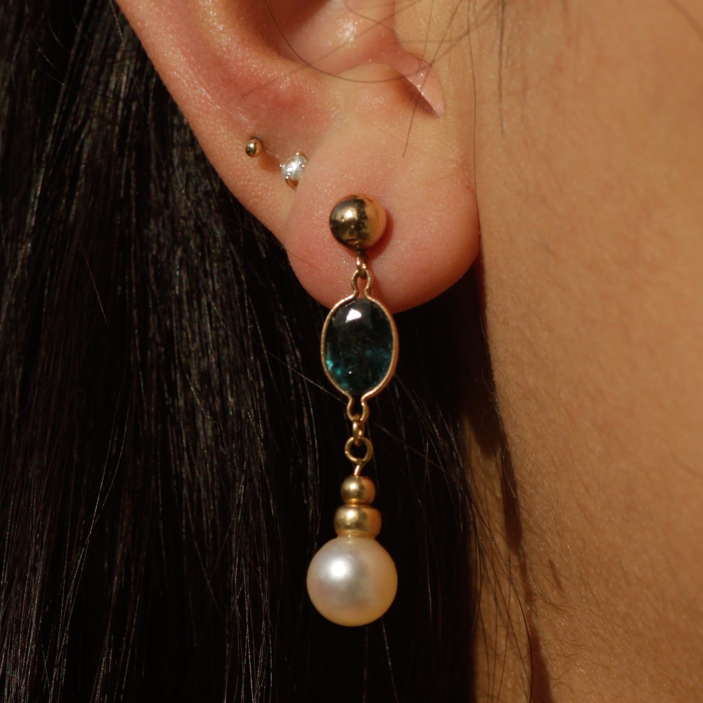 Vintage Teal Tourmaline + Pearl Drop Earrings 14k Gold