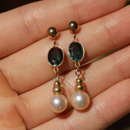 Vintage Teal Tourmaline + Pearl Drop Earrings 14k Gold