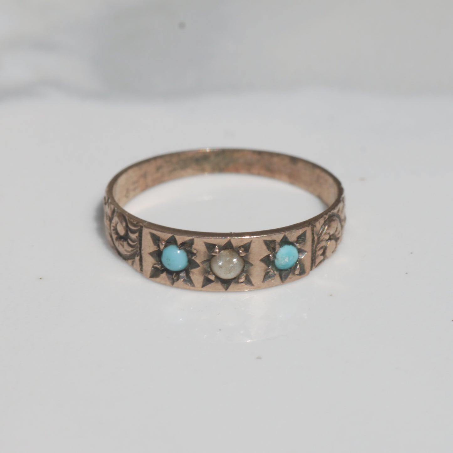 Antique Victorian Pearl and Turquoise Baby Ring 9k Gold Sz 4 1/2