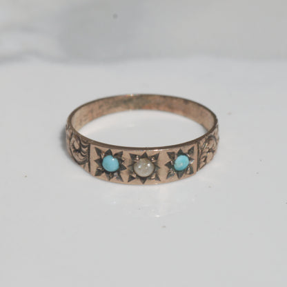 Antique Victorian Pearl and Turquoise Baby Ring 9k Gold Sz 4 1/2